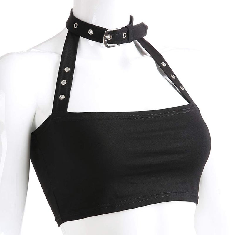 FlyCC Women Sexy Choker Buckle Halter Neck Crop Tube Top Rave Dance Cami Bandeau Tops Black B - Image 5